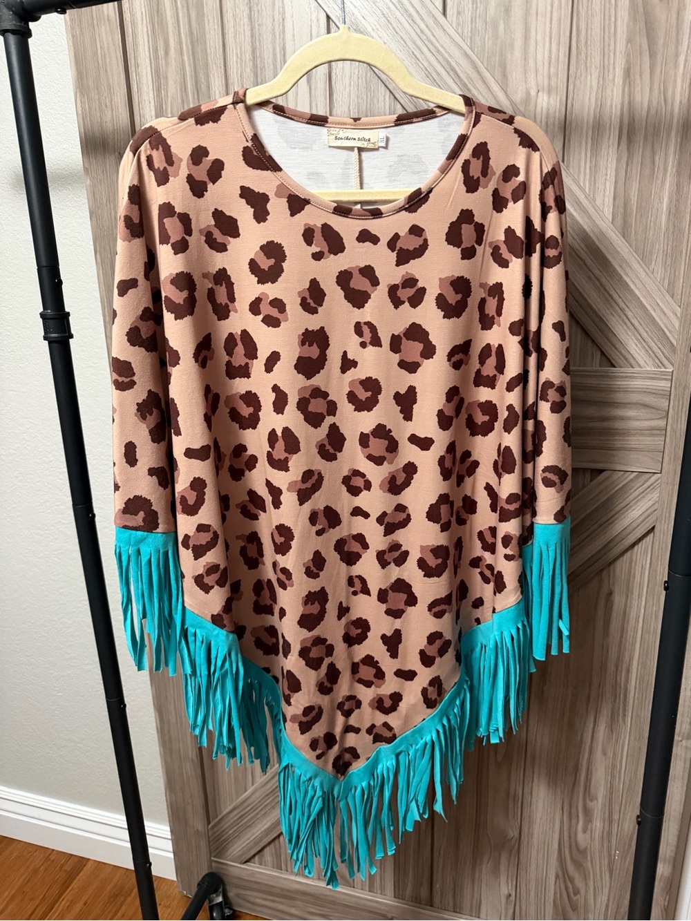 Southern Bliss Leopard Turquoise Fringe Western Tunic Top XL